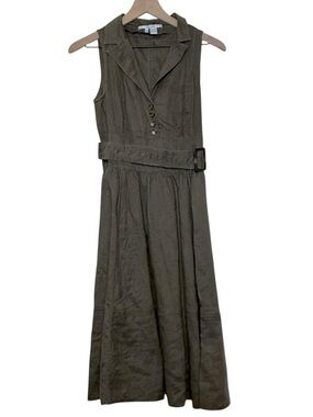 Zara Basic Medium Sleeveless Belted Button Up Midi Dress Green Utility Safari